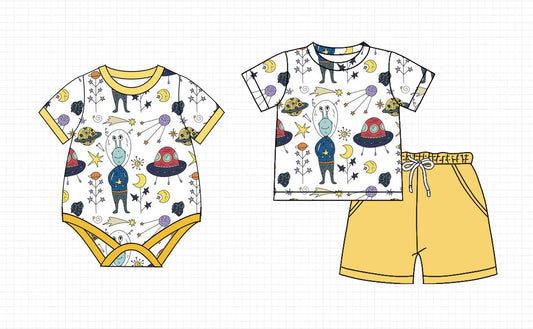 2.22(Custom Design Preorder MOQ 5 Each Design)  UFO Stars Print Boys Summer Matching Clothes Brothers Wear