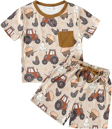 (Custom Design Preorder MOQ 5) Chicken Tractors Print Shorts Boys Summer Clothes Set