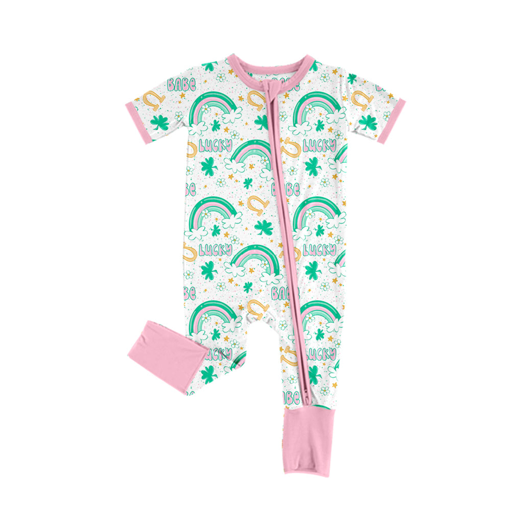 (Custom Design Preorder MOQ 5)  Lucky Rainbow Stars Print Baby Girls St. Patrick's Day Bamboo Sleeper Zipper Romper