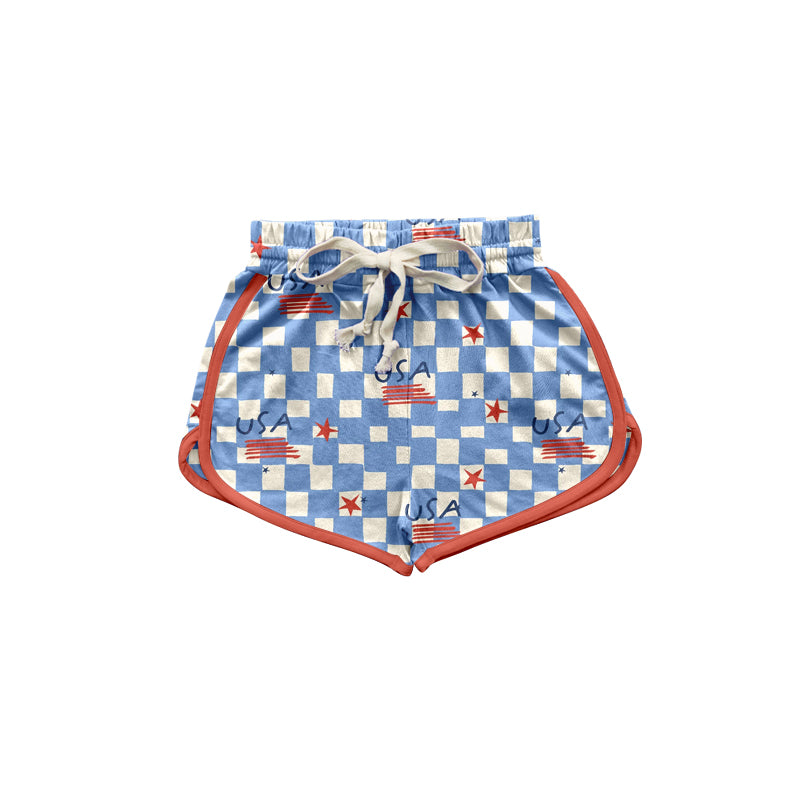 (Custom Design Preorder MOQ 5)  USA Stars Blue Plaid Print Kids 4th of July Shorts