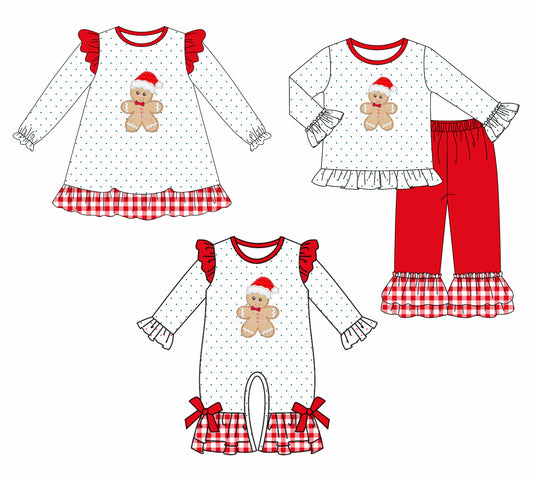 7.10(Custom Design Preorder MOQ 5 Each Design) Gingerbread Print Girls Christmas Matching Clothes Sisters Wear