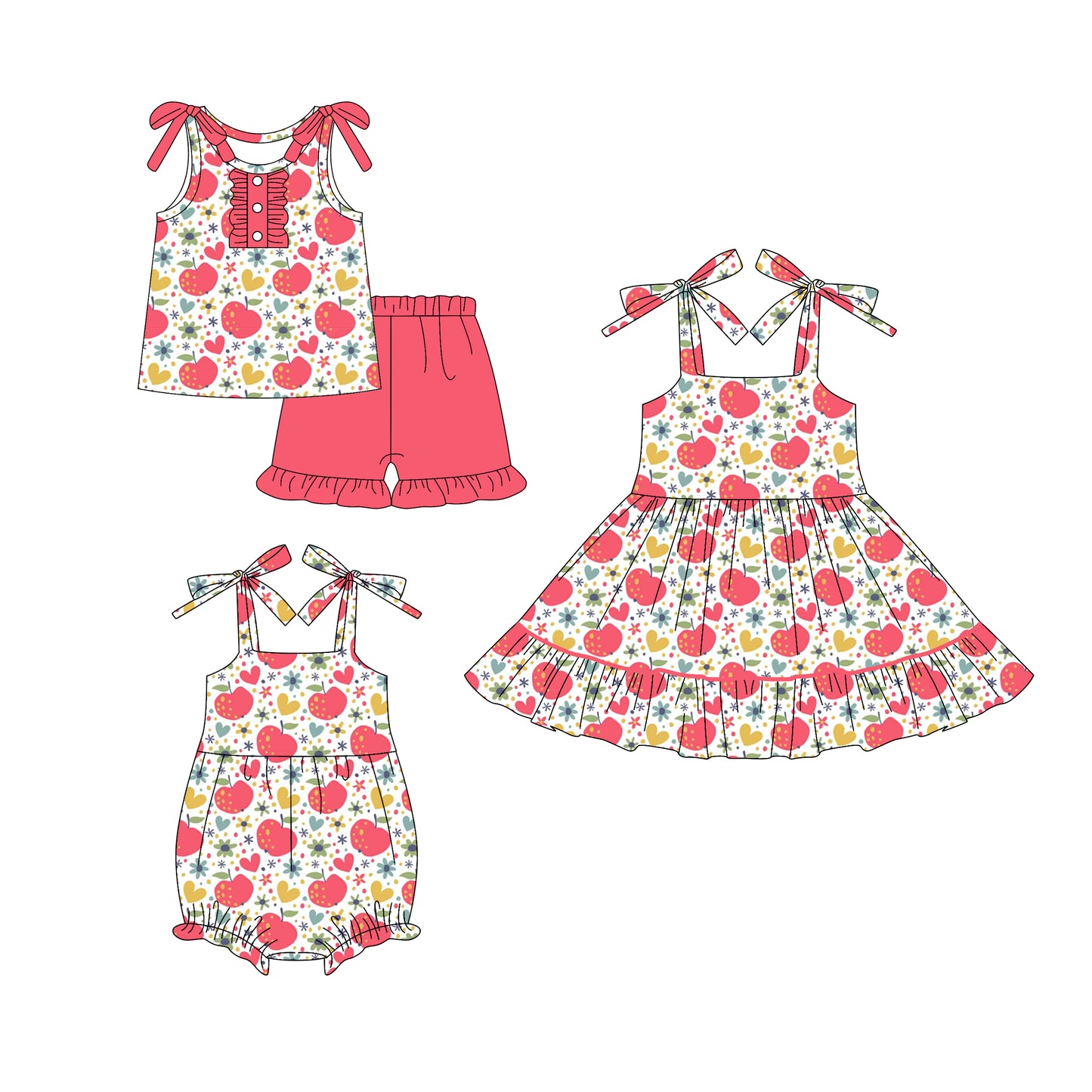 12.22 (Custom Design Preorder MOQ 5 Each Design) Apple Flowers Print Girls Summer Matching Clothes Sisters Wear