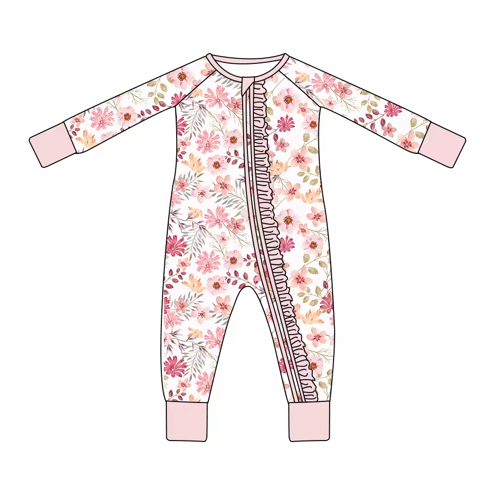 (Custom Design Preorder MOQ 5) Pink Flowers Print Baby Girls Fall Sleeper Zipper Romper