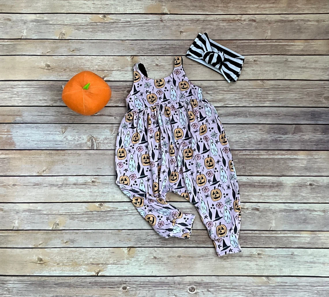 (Custom Design Preorder MOQ 5) Ghost Pumpkin Flowers Print Baby Girls Halloween Romper