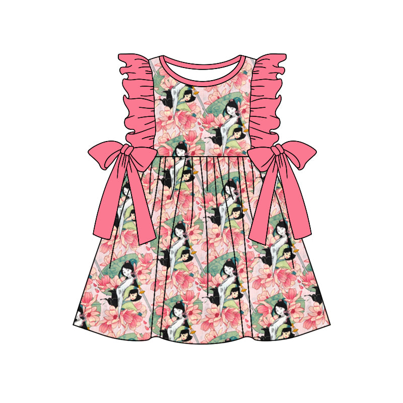 (Custom Design Preorder MOQ 5) Mulan Pink Print Girls Knee Length Summer Dress