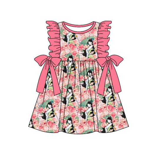 (Custom Design Preorder MOQ 5) Mulan Pink Print Girls Knee Length Summer Dress