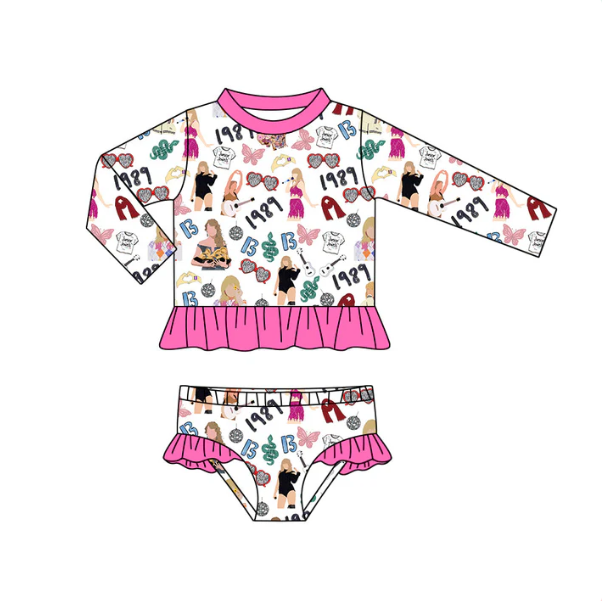 (Custom Design Preorder MOQ 5) Singer Swiftie Print Girls 2 Pieces Long Sleeve Swimsuits