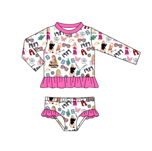 (Custom Design Preorder MOQ 5) Singer Swiftie Print Girls 2 Pieces Long Sleeve Swimsuits