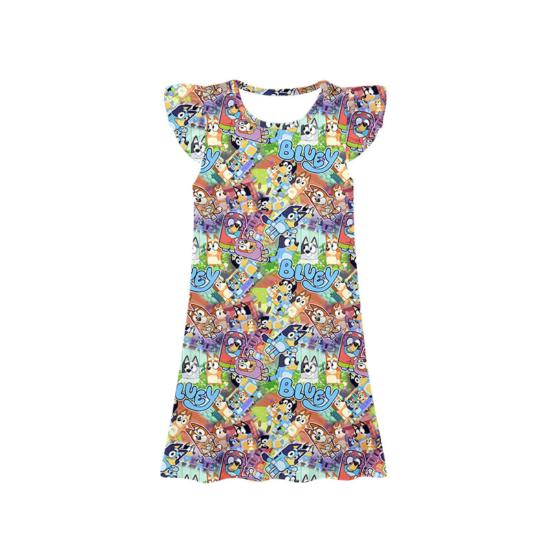 11.23(Custom Design Preorder MOQ 5) Cartoon Dog Print Girls Flutter Sleeve Knee Length Dress