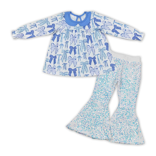 GLP1717 Blue Bows Top White Sequin Bell Pants Girls Fall Clothes Set