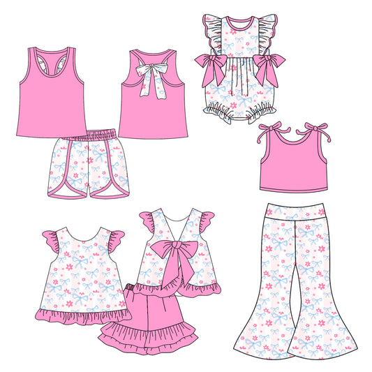 5.5(Custom Design Preorder MOQ 5 Each Design) Pink Flowers Bows Print Girls Summer Matching Clothes Sisters Wear