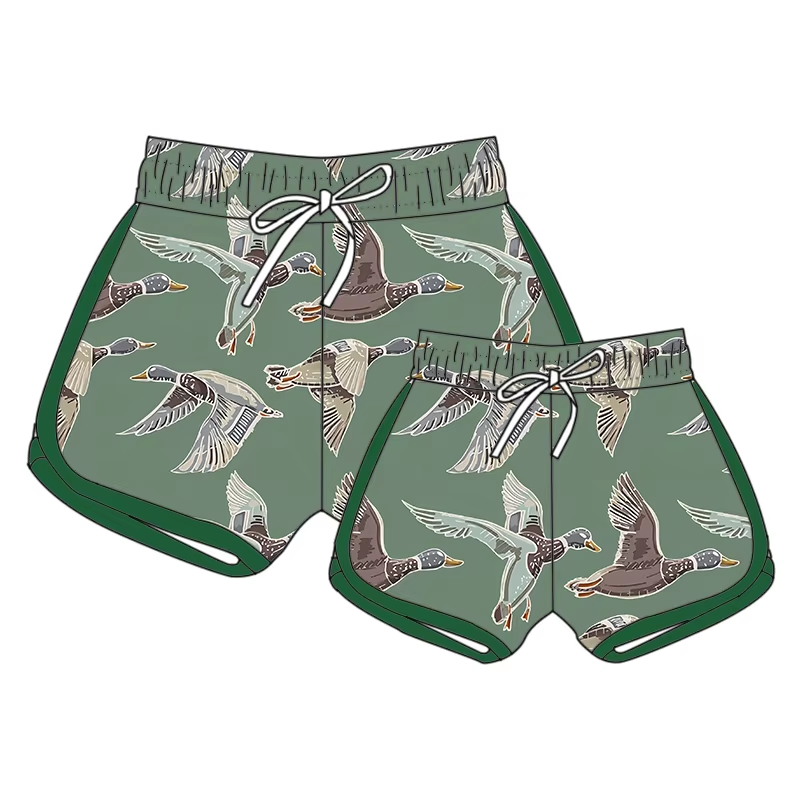 (Custom Design Preorder MOQ 5 Each Design) Duck Green Print Summer Bottom Sports Shorts Mom and Me Matching Clothes