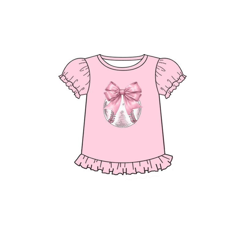 11.30(Custom Design Preorder MOQ 5 ) Baseball Bows Pink Print Girls Summer Tee Shirts Top