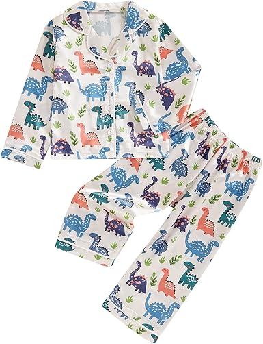 (Custom Design Preorder MOQ 5) Dino Print Kids Fall Buttons Pajamas Clothes Set