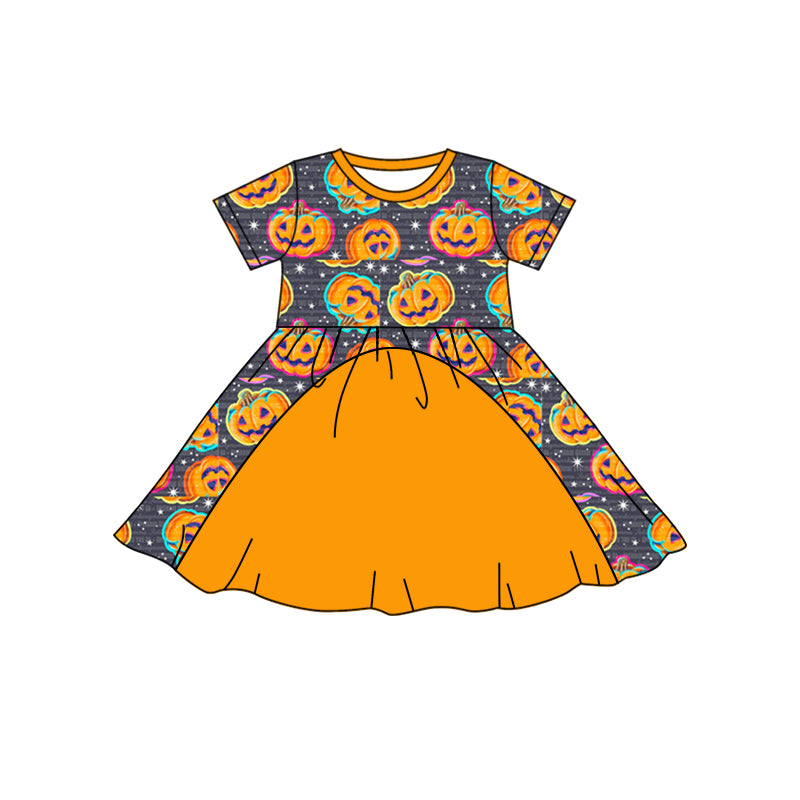 (Custom Design Preorder MOQ 5) Orange Pumpkin Print Girls Knee Length Halloween Dress