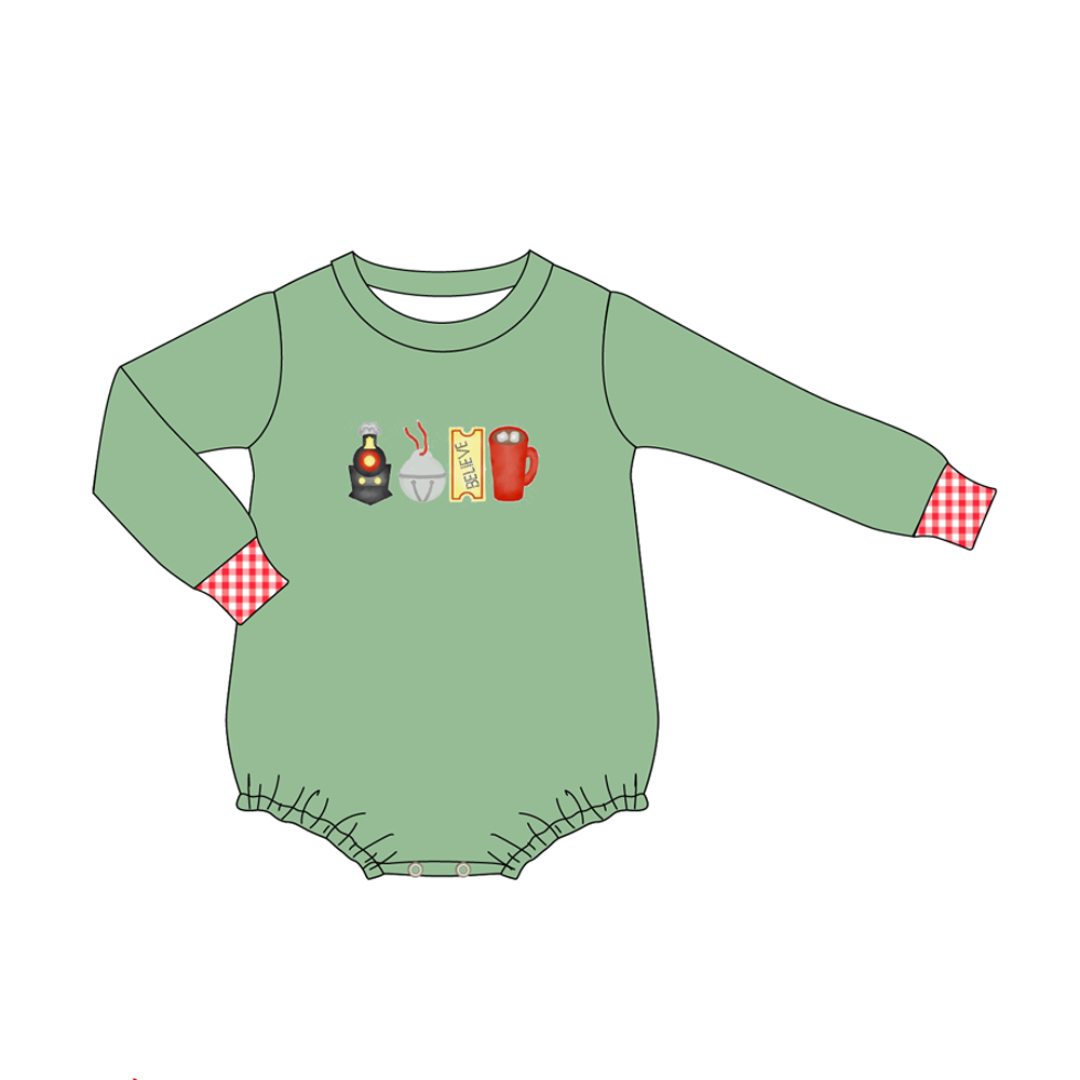 (Custom Design Preorder MOQ 5) Polar Express Green Print Baby Boys Christmas Romper