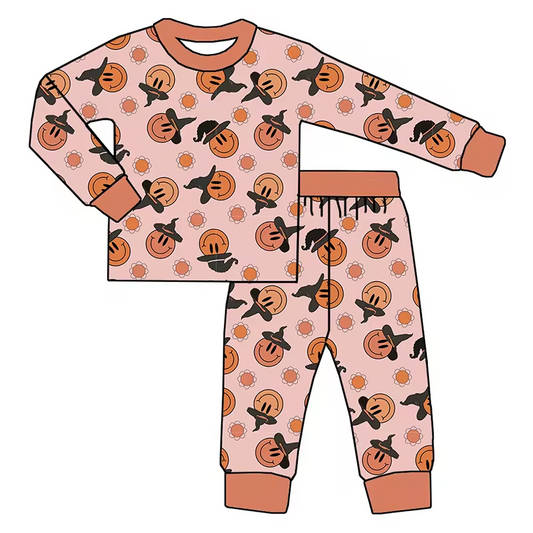(Custom Design Preorder MOQ 5) Smiling Face Witch Flowers Print Girls Halloween Pajamas Clothes Set