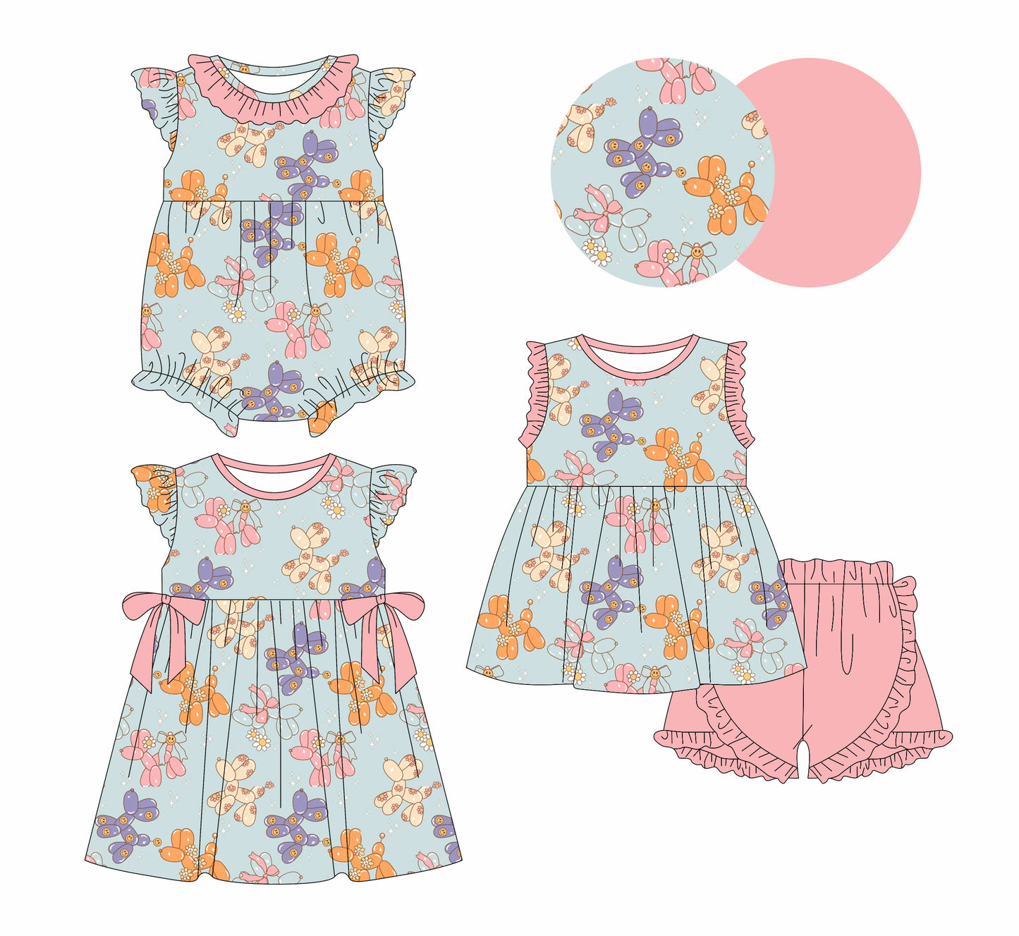 1.3(Custom Design Preorder MOQ 5 Each Design) Balloon Dog Flowers Print Girls Summer Matching Clothes Sisters Wear