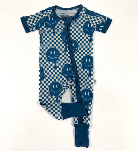 (Custom Design Preorder MOQ 20)  Smiling Face Blue Plaid Print Baby Boys Bamboo Sleeper Zipper Romper
