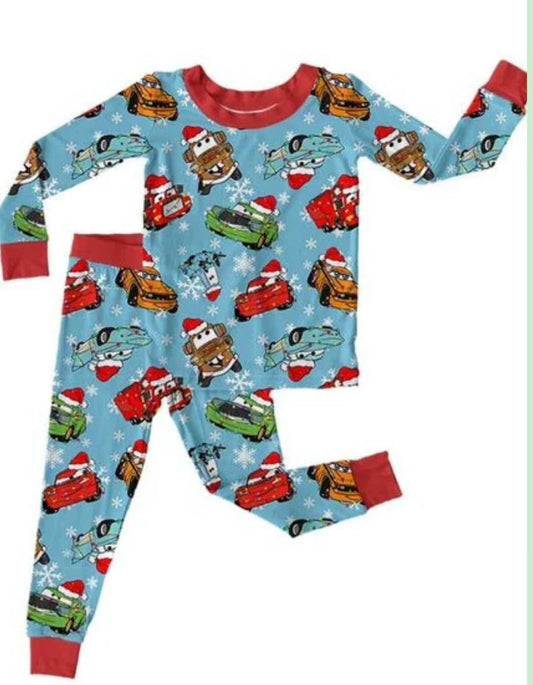 (Custom Design Preorder MOQ 5) Cartoon Cars Print Girls Christmas Clothes Set