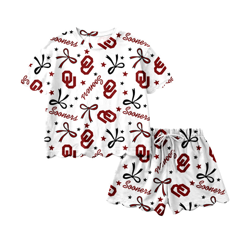 (Custom Design Preorder MOQ 5) Teams Sooners Bows Print Girls Summer Scallop Clothes Set