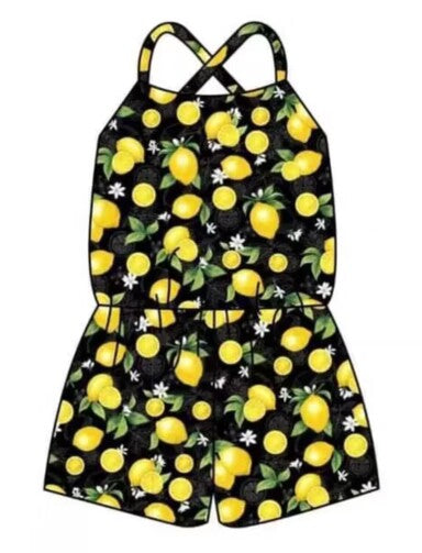 (Custom Design Preorder MOQ 5)  Lemon Print Girls Summer Jumpsuits