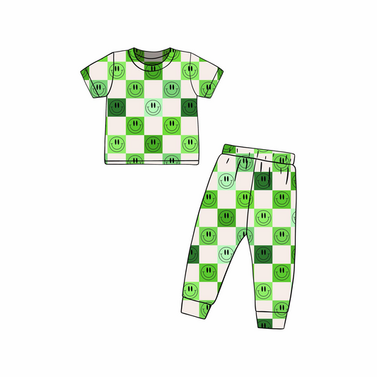 (Custom Design Preorder MOQ 5) Smaling Face Green Plaid Print Kids Pajamas Clothes Set