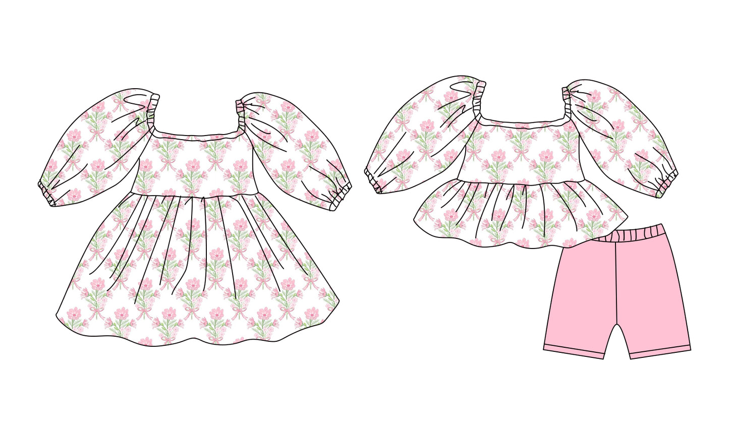 12.8 (Custom Design Preorder MOQ 5 Each Design) Pink Flowers Bows Print Girls Summer Matching Clothes Sisters Wear