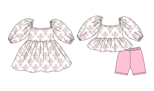12.8 (Custom Design Preorder MOQ 5 Each Design) Pink Flowers Bows Print Girls Summer Matching Clothes Sisters Wear