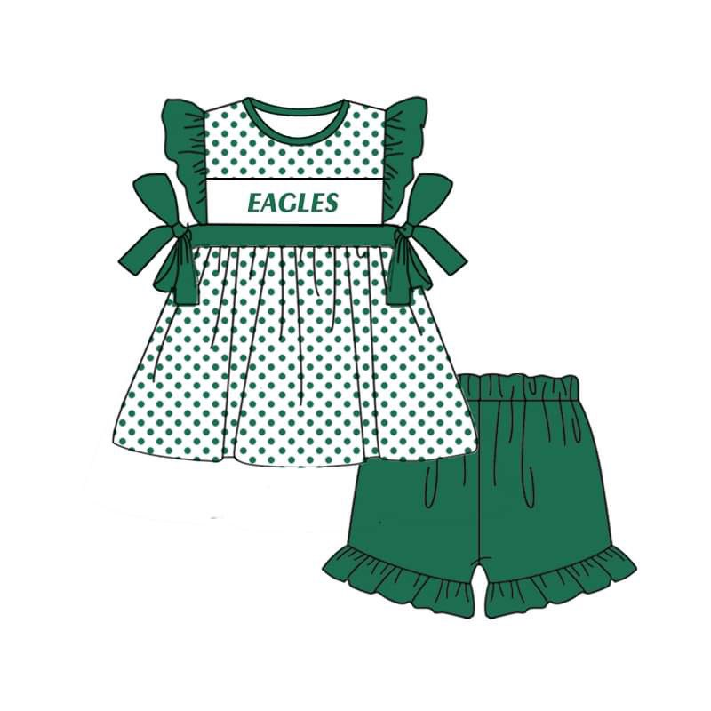 (Custom Design Preorder MOQ 5)  Team's EAGLES Tunic Top Green Shorts Girls Summer Clothes Set