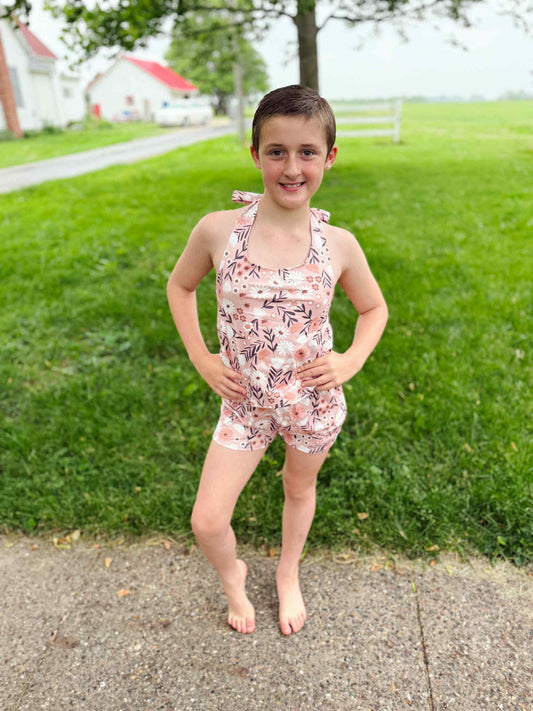 GSSO1870  Brown Flowers Halter Top Shorts Girls Summer Clothes Set
