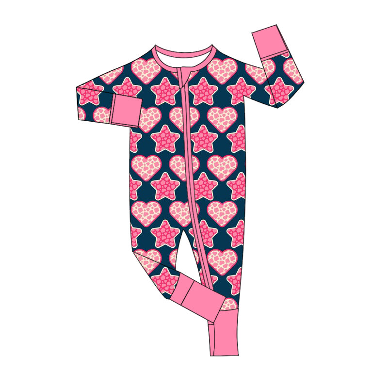 (Custom Design Preorder MOQ 5)  Heart Stars Pink Print Baby Girls Valentine's Day Bamboo Sleeper Zipper Romper