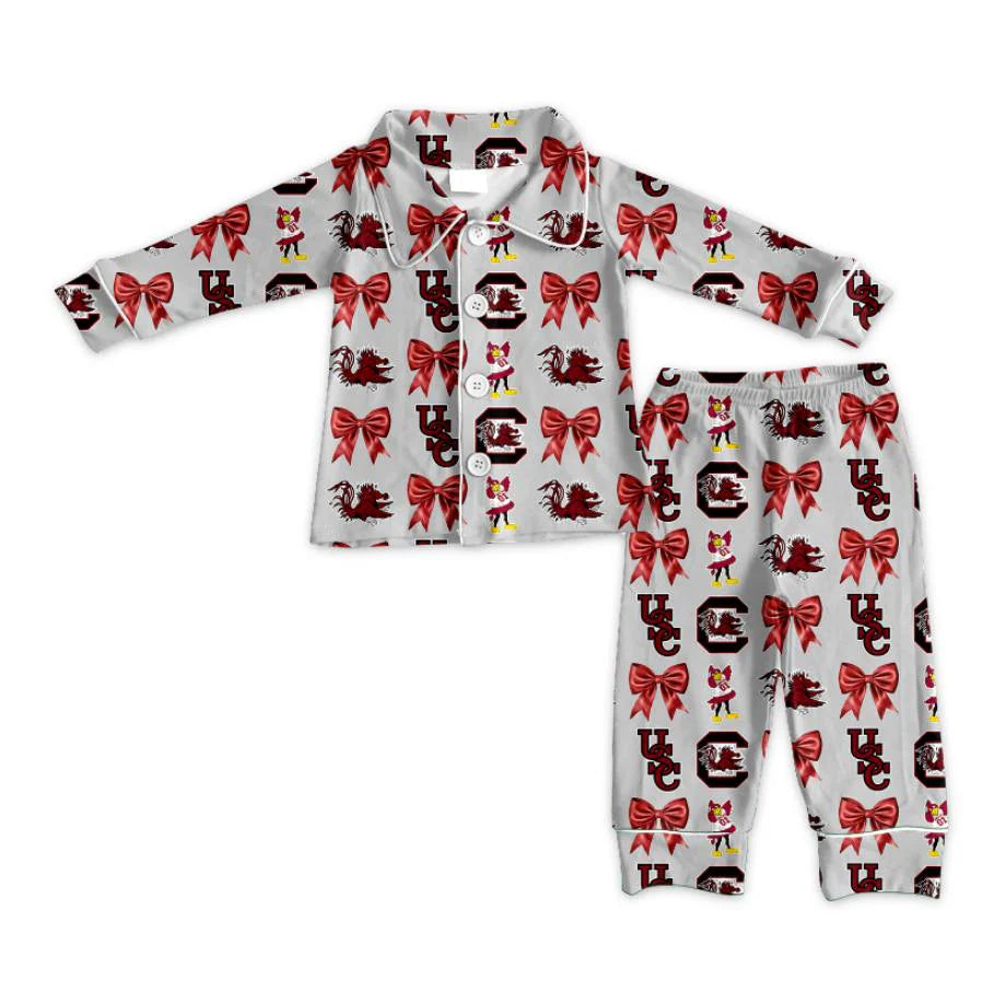 (Custom Design Preorder MOQ 5 Each Item)Team's Gamecock Bows Print Girls Matching Clothes