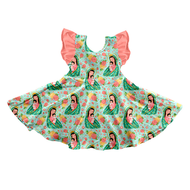 (Custom Design Preorder MOQ 5)  Flutter Sleeve Virgin Mary Green Print Girls Knee Length Dress