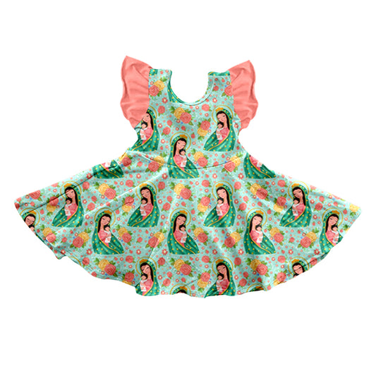 (Custom Design Preorder MOQ 5)  Flutter Sleeve Virgin Mary Green Print Girls Knee Length Dress