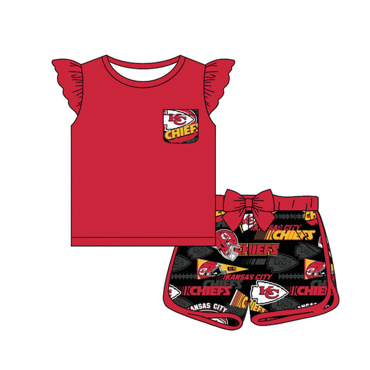 12.30(Custom Design Preorder MOQ 5) Red Pocket Top Team's KC Shorts Girls Summer Clothes Set