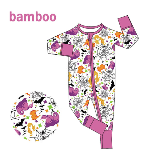 (Custom Design Preorder MOQ 20) Cartoon Witch Print Baby Halloween Long Sleeve Bamboo Sleeper Zipper Romper