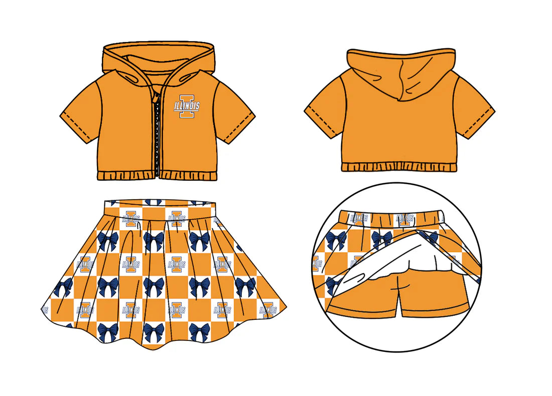 (Custom Design Preorder MOQ 5 Each Color) Team's Illinois Bows Plaid Print Girls Summer Clothes Sisters Matching Wear