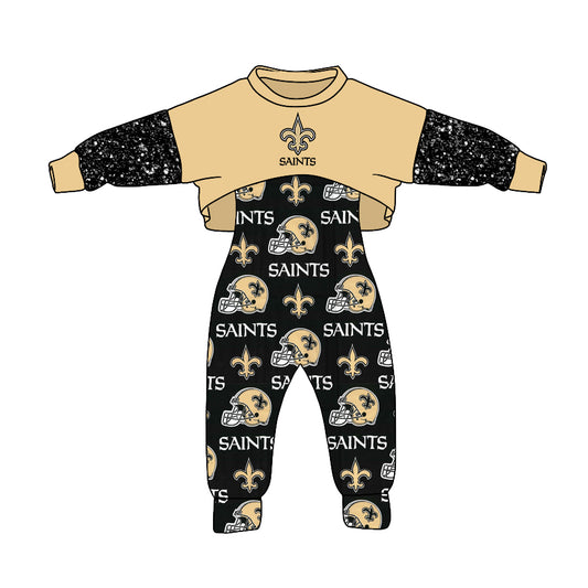 (Custom Design MOQ 5)  NO.30 Black Gold Football Team's Print Girls Jumpsuits Clothes Set