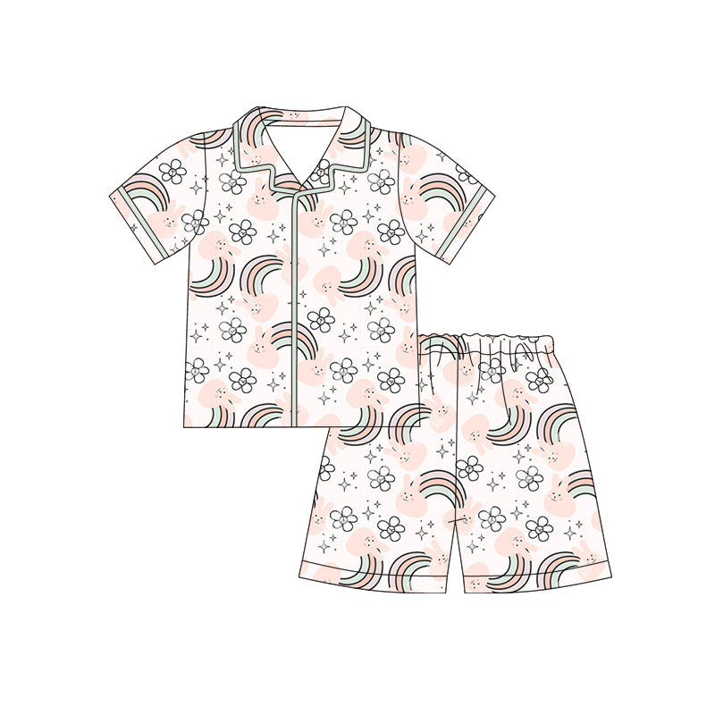 12.10 (Custom Design Preorder MOQ 5)  Bunny Rainbow Flowers Print Girls Easter Buttons Pajamas Clothes Set