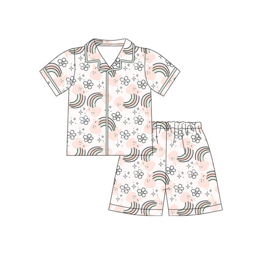 12.10 (Custom Design Preorder MOQ 5)  Bunny Rainbow Flowers Print Girls Easter Buttons Pajamas Clothes Set