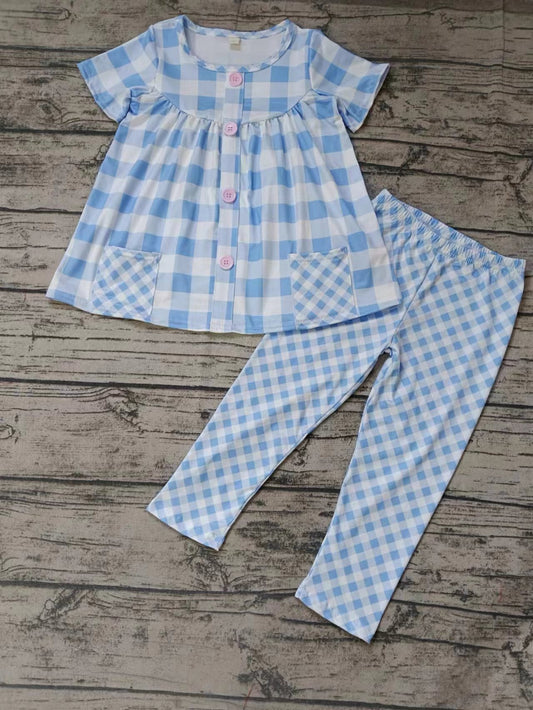 (Custom Design Preorder MOQ 5) Blue Plaid Print Legging Pants Girls Clothes Set