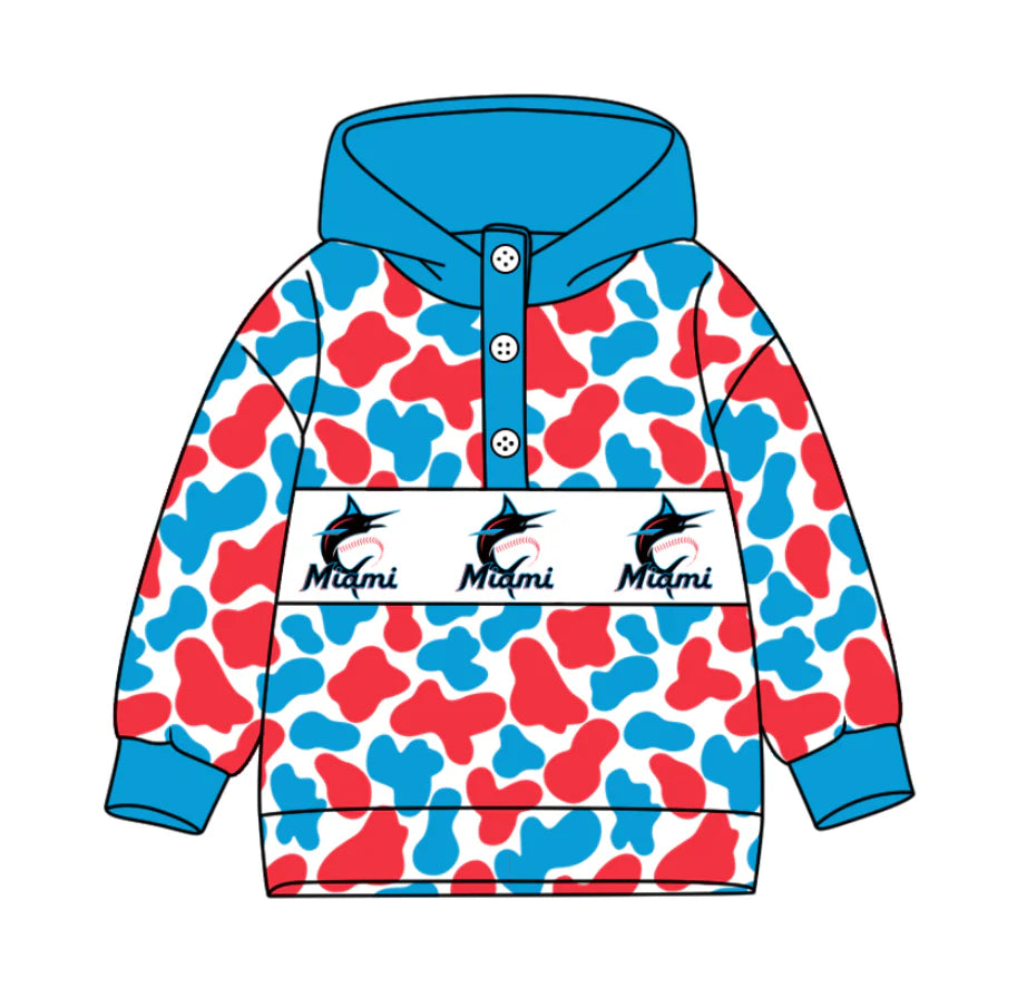 (Custom Design Preorder MOQ 5) Team's Miami Marlins Camo Print Kids Long Sleeve Buttons Hoodie Top