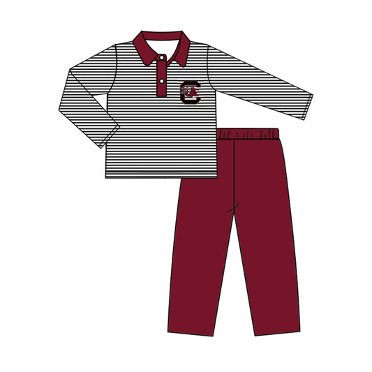 (Custom Design Preorder MOQ 5) Team's GAMECOCKS Polo Top Wine Pants Boys Fall Clothes Set