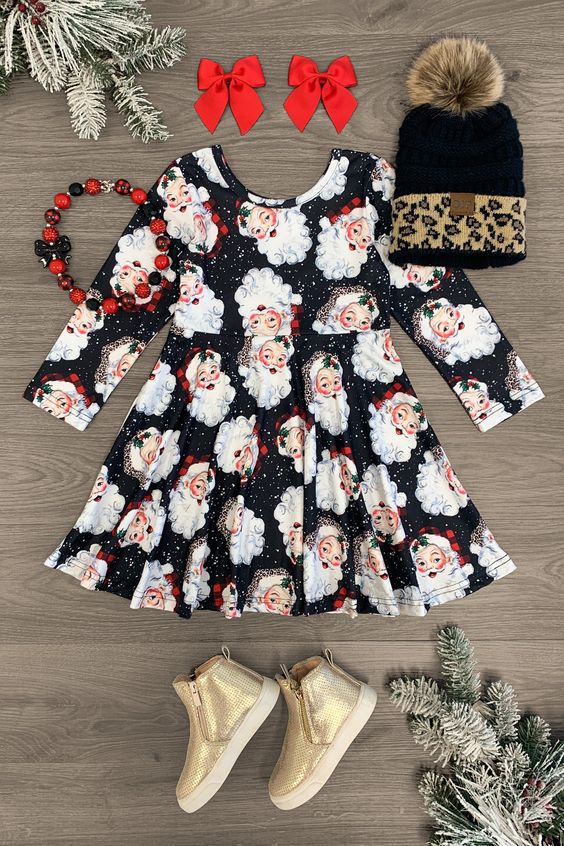 (Custom Design Preorder MOQ 5) Santa Black Print Girls Knee Length Christmas Dress