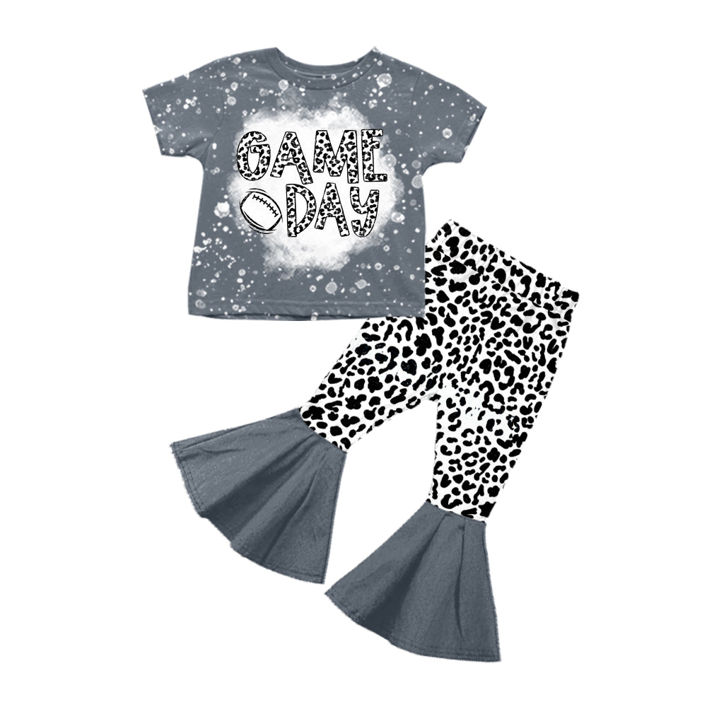 12.11(Custom Design Preorder MOQ 5) Game Day Football Grey Top Bell Pants Girls Clothes Set