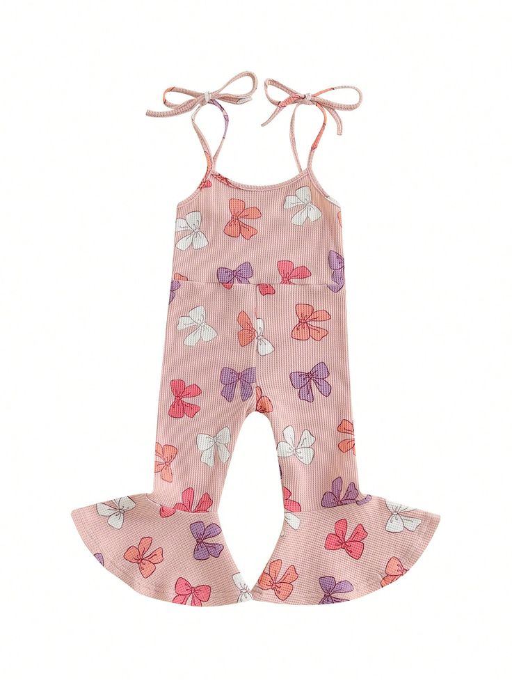 (Custom Design Preorder MOQ 5) Colorful Bows Print Girls Summer Strap Jumpsuits