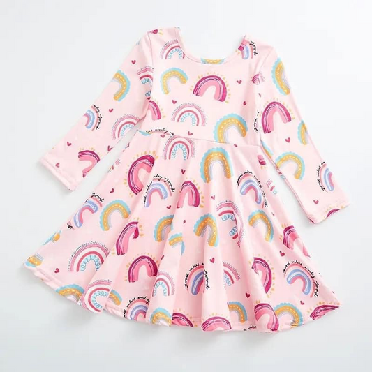 (Custom Design Preorder MOQ 5) Pink Rainbow Print Girls Knee Length Dress