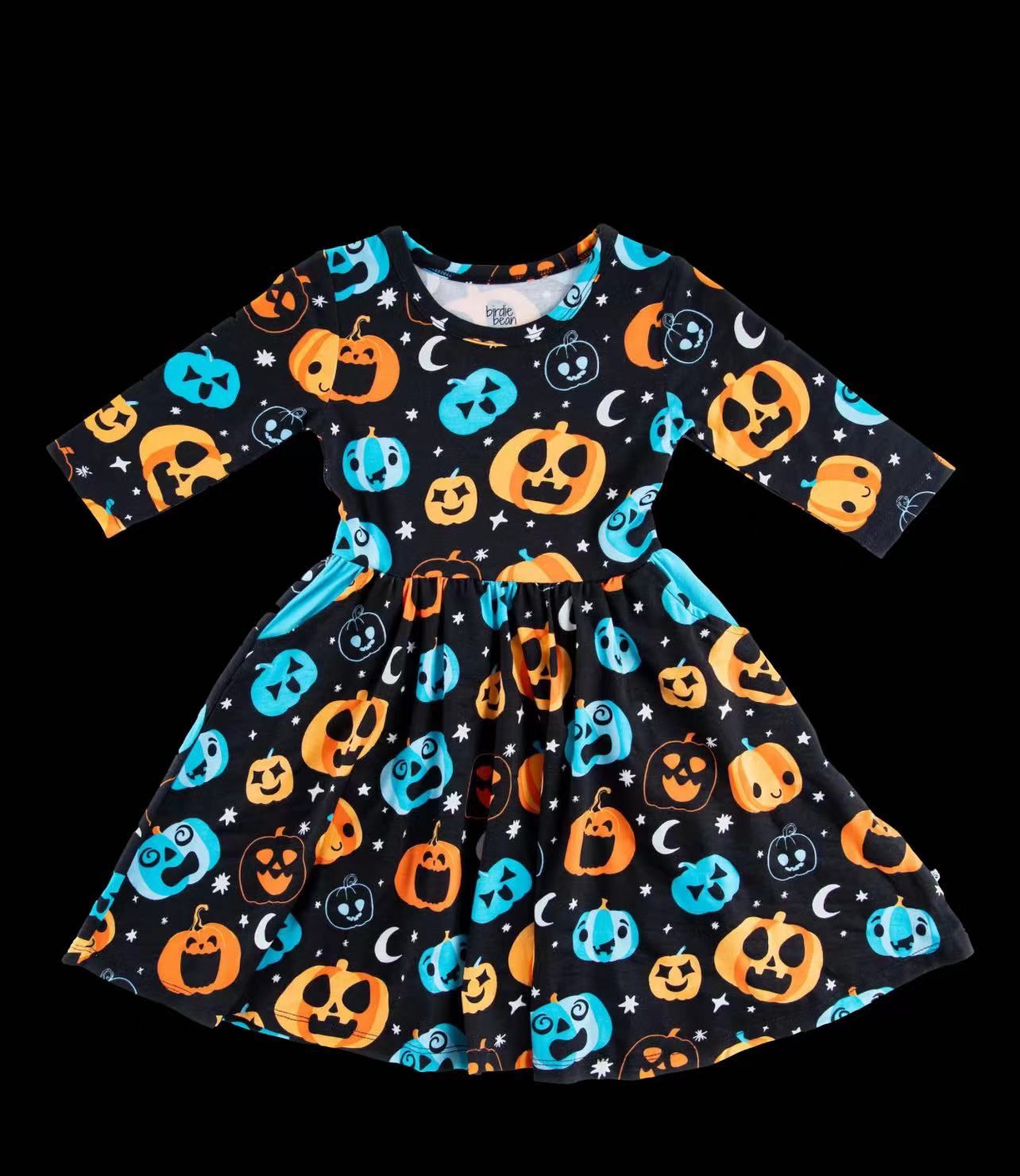 (Custom Design Preorder MOQ 5) Pumpkin Print Girls Knee Length Halloween Dress