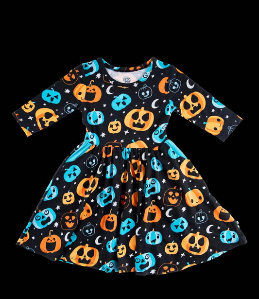 (Custom Design Preorder MOQ 5) Pumpkin Print Girls Knee Length Halloween Dress